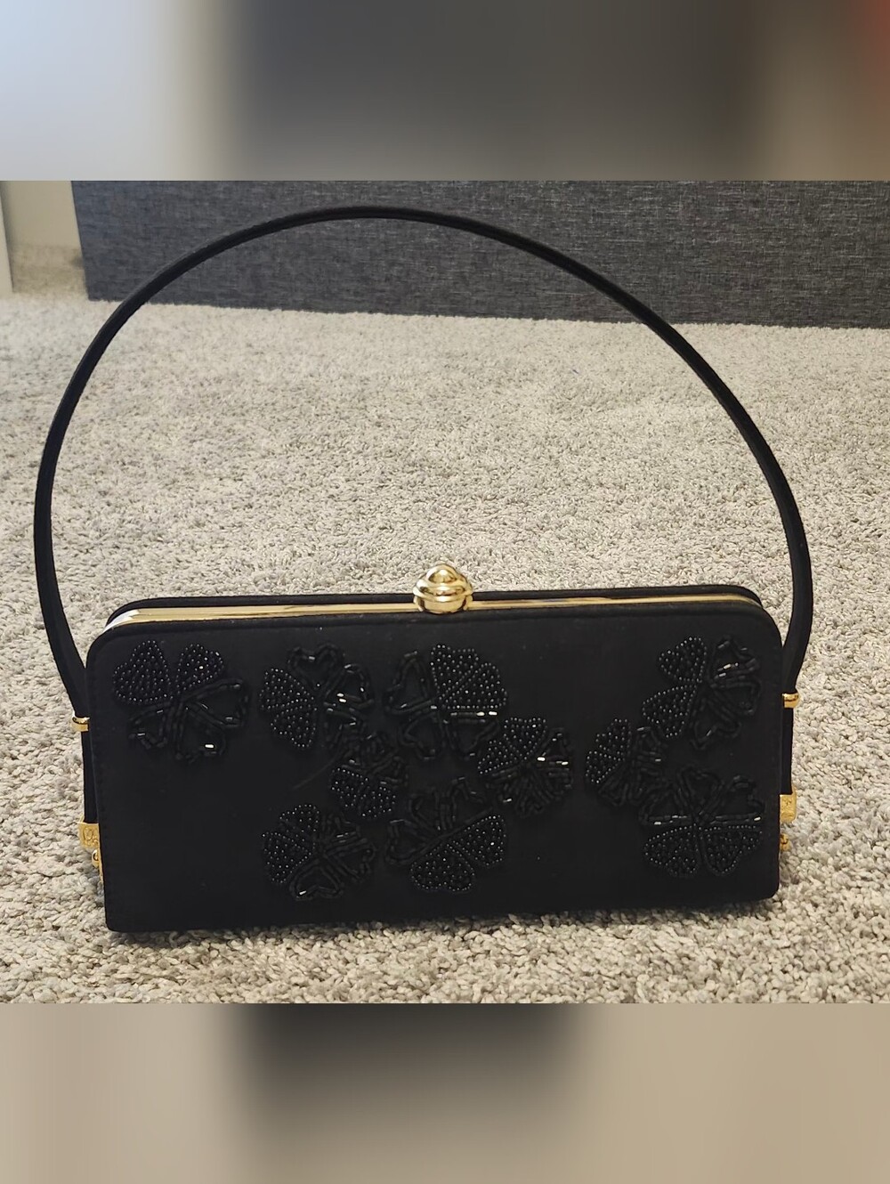 Inge Christopher $185 Evening Top Handle Beaded Flower Pattern Bag Black/Gold